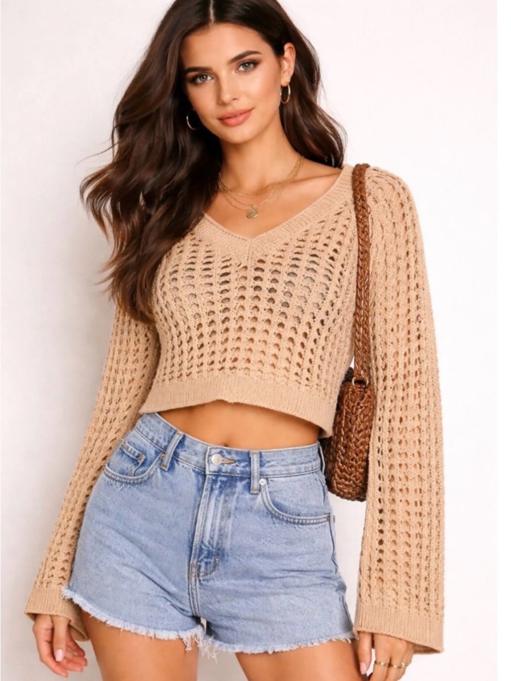 Wild Fable Adorable Crochet V-Neck Crop Sweater